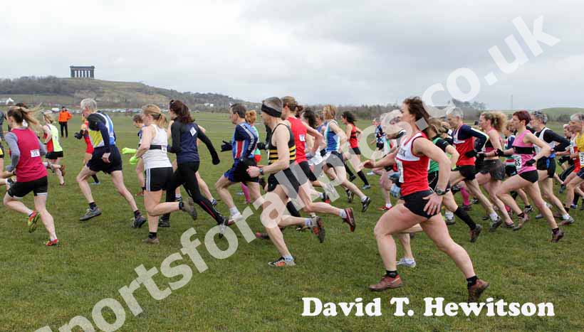 Start of the all ladies and male 65 plus with the backdrop of Penshaw Monument, BMAF Cross Country, Herrington, Sunderland.
